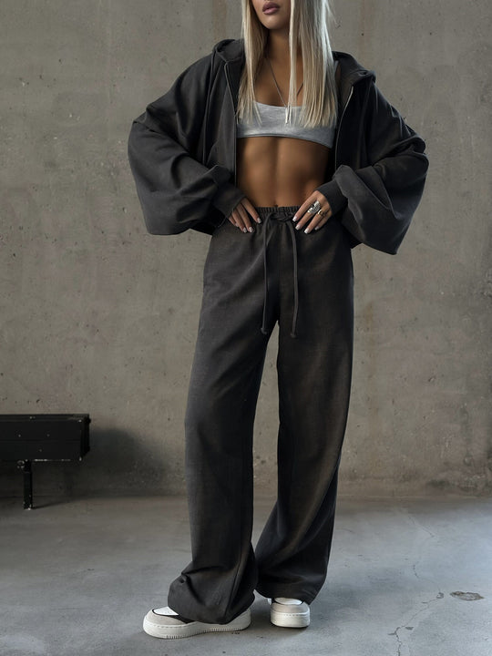 Damen Cropped-Zip-Hoodie und weite High-Waist-Loungehose Zweiteiler EB