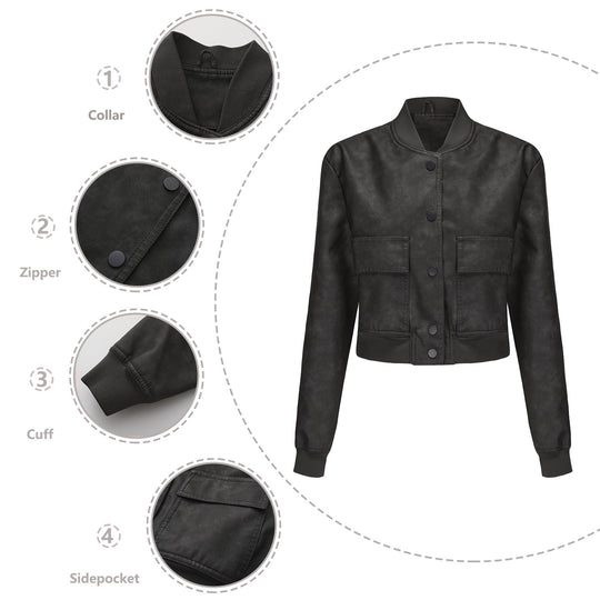 Damen nan kurze Crop-Kunstlederjacke im Blousonstil mit Druckknopffront und aufgesetzten Pattentaschen EB
