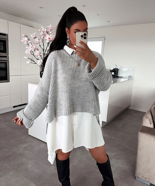 Damen oversized Strickpullover mit strukturiertem Lochdesign und lässigem Schnitt EB