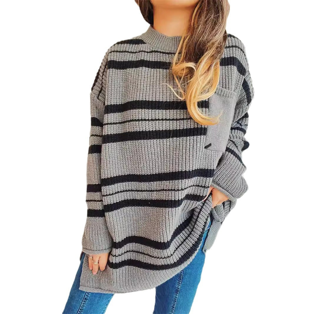 Damen lässiger Strickpullover mit modernem Streifenmuster EB