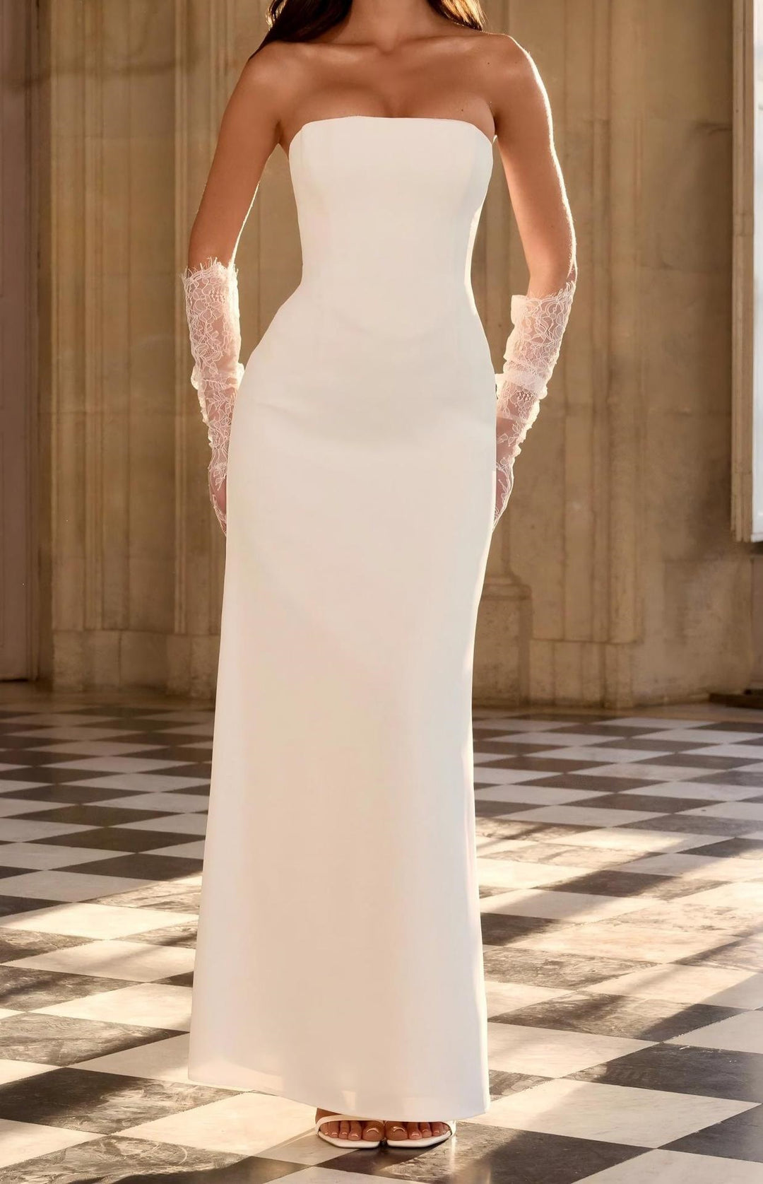Damen Elegantes Hochzeitskleid mit schulterfreiem Design und Spitzenärmeln EB