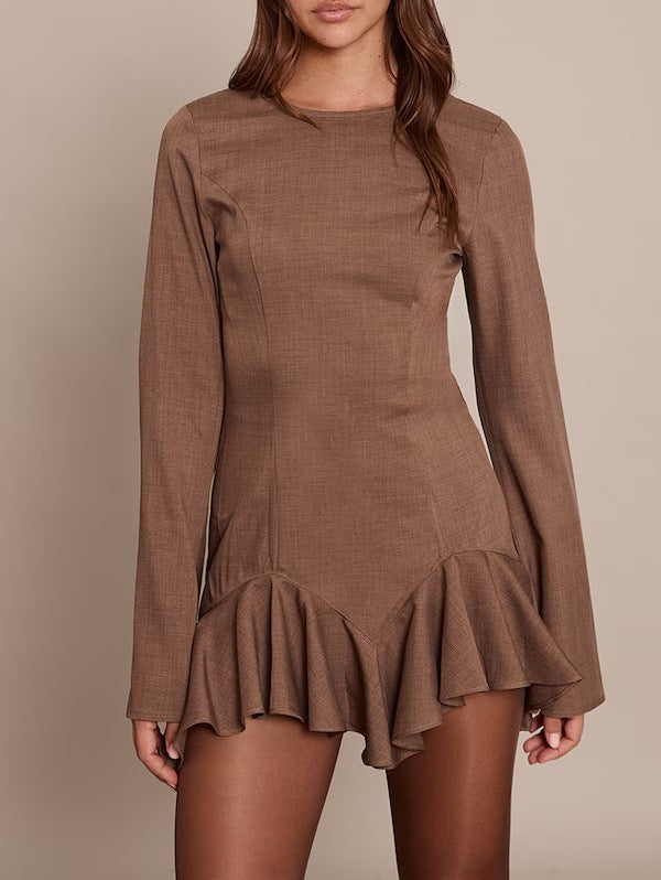 Damen Figurbetontes Langarm-Minikleid mit taillierten Nähten und Volant-Saum EB