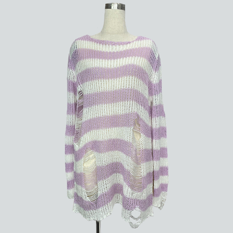 Damen nan Oversized Grobstrickpullover mit breiten Blockstreifen und aufgerissenem Design EB
