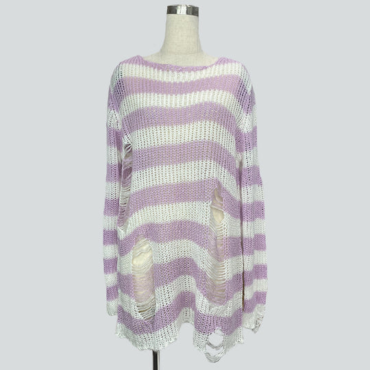Damen nan Oversized Grobstrickpullover mit breiten Blockstreifen und aufgerissenem Design EB