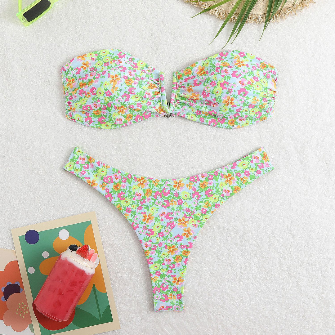 Damen Bandeau-Bikini mit floralem Design und elegantem Verschluss EB