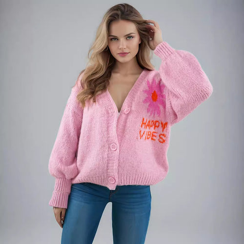 Damen gemütlicher Strickcardigan mit floralem Design und modernen Knopfdetails EB