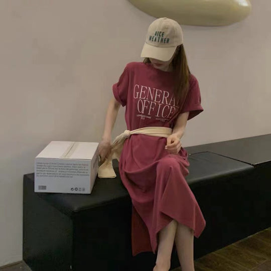 Damen Casual T-Shirt Kleid mit kreativem Schriftzug EB