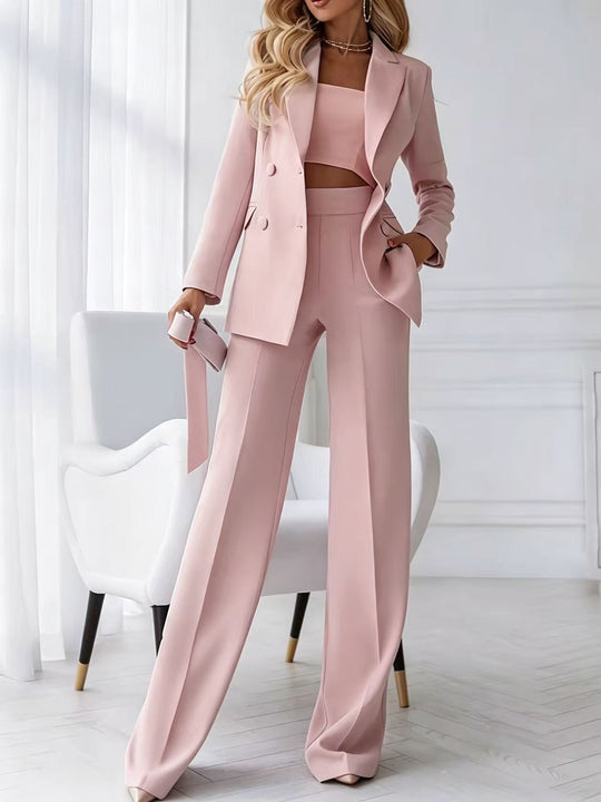 Damen Zweiteiliger Business-Hosenanzug mit tailliertem Zweireiherblazer und High-Waist Palazzo-Hose EB