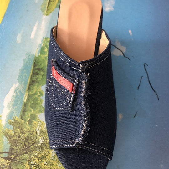 Damen Wedge-Pantoletten aus Denim mit modischem Fransen-Design EB