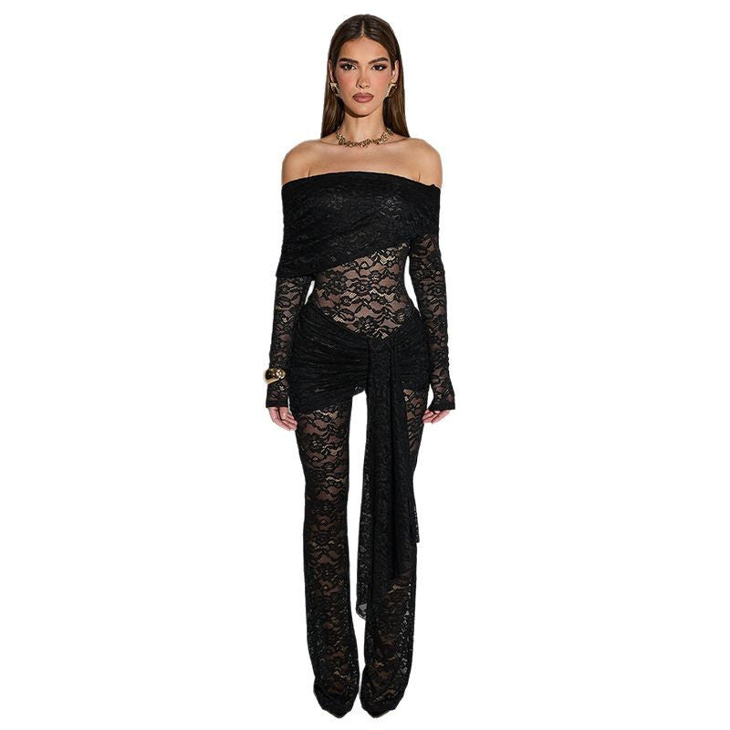 Damen Elegantes Spitzen-Jumpsuit mit schulterfreiem Design und Wickeleffekt EB