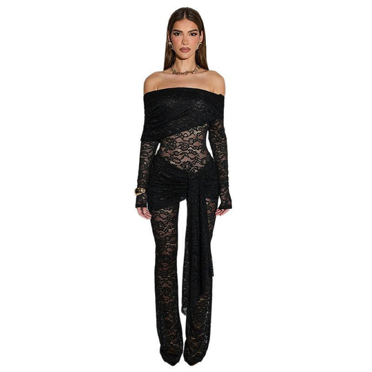 Damen Elegantes Spitzen-Jumpsuit mit schulterfreiem Design und Wickeleffekt EB