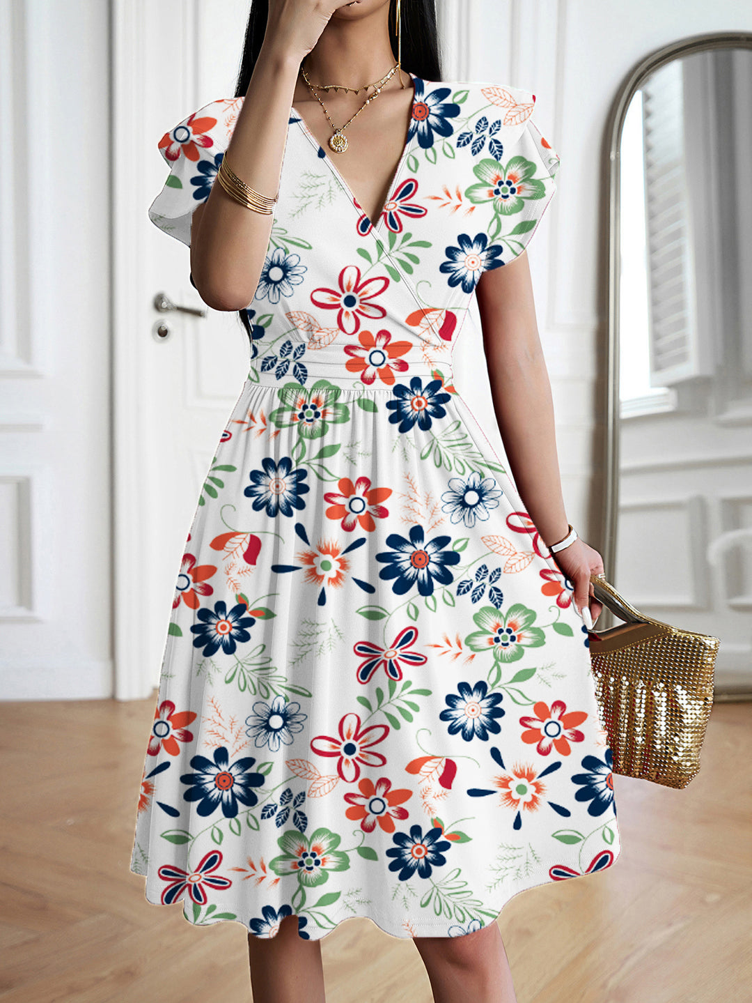 Damen Wickelkleid mit voluminösen Ärmeln und femininem V-Ausschnitt EB