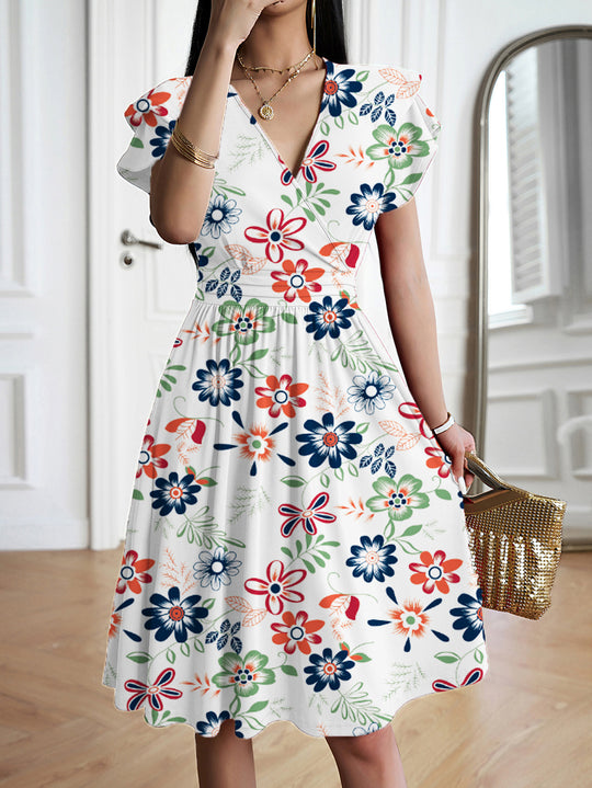 Damen Wickelkleid mit voluminösen Ärmeln und femininem V-Ausschnitt EB