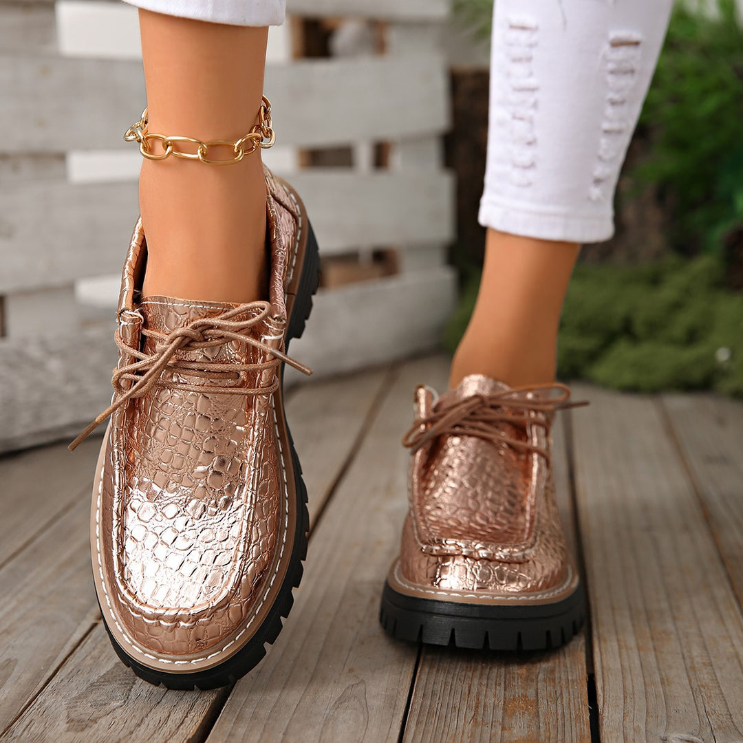 Damen Schnürschuhe mit schimmerndem Krokoprägung und rutschfester Profilsohle EB