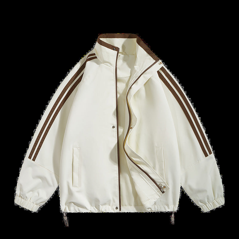 Unisex  oversized retro athletic shell jacket with stand collar and dual sleeve stripes EB