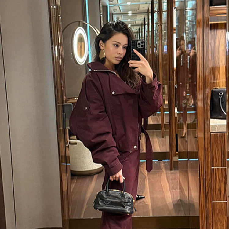Damen moderne Oversized-Jacke mit Stehkragen und Taillengürtel EB
