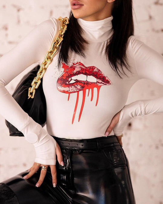 Damen Langärmliger Body mit kreativem Lippen-Motiv EB