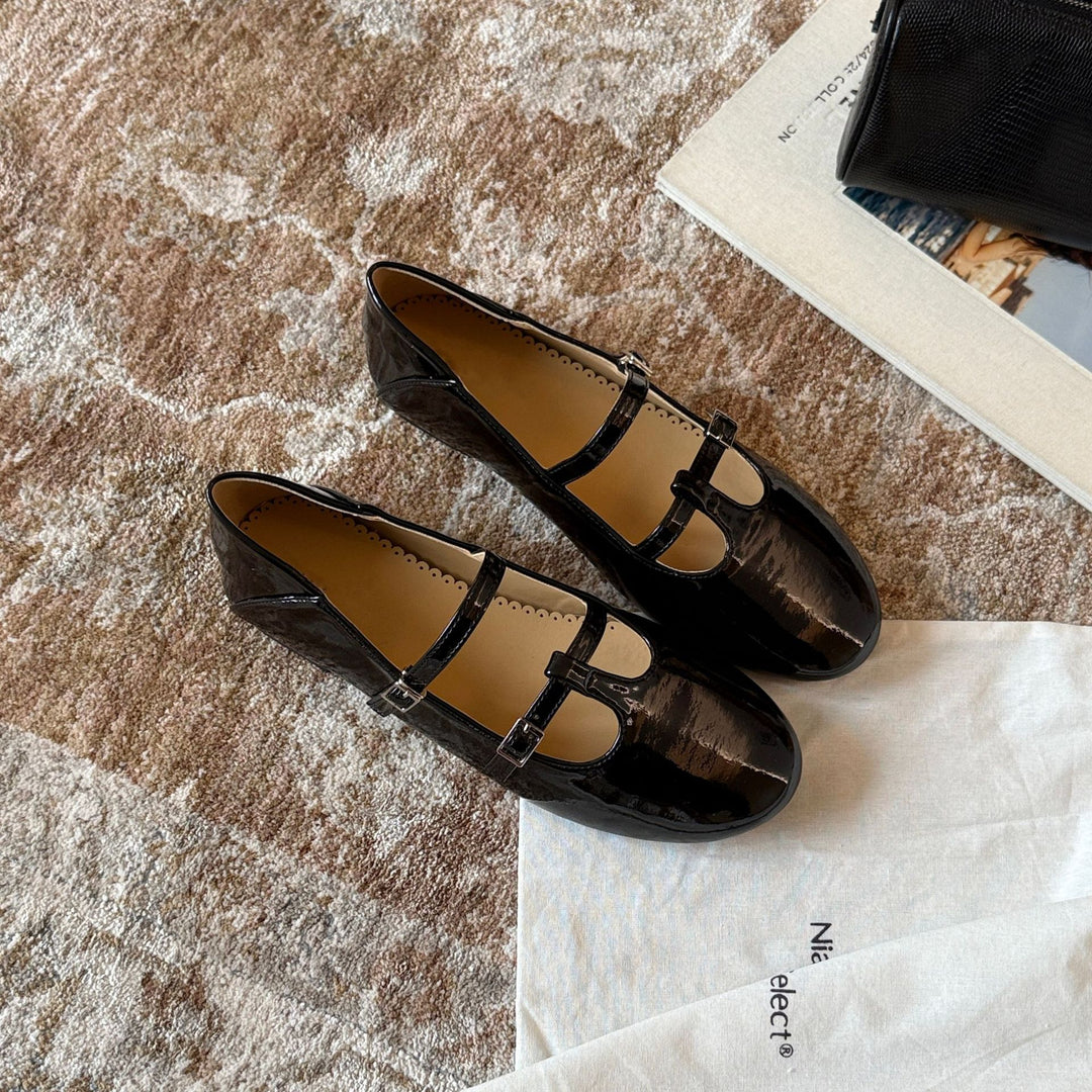 Damen Elegante Mary Jane Ballerinas mit doppelter Schnalle und schimmerndem Finish EB