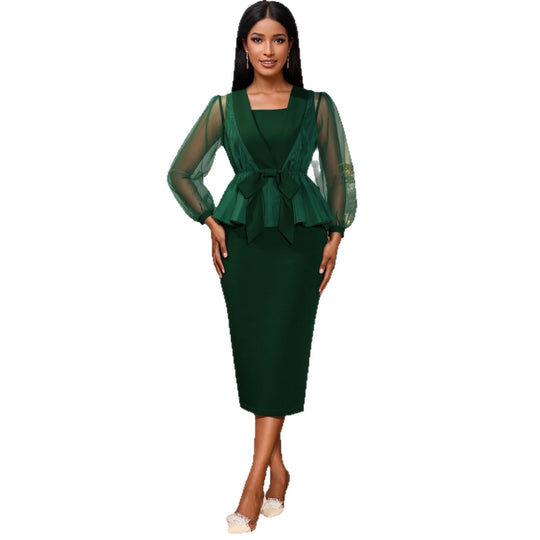 Damen elegantes Kleid mit transparentem Ärmel und tailliertem Gürtel EB