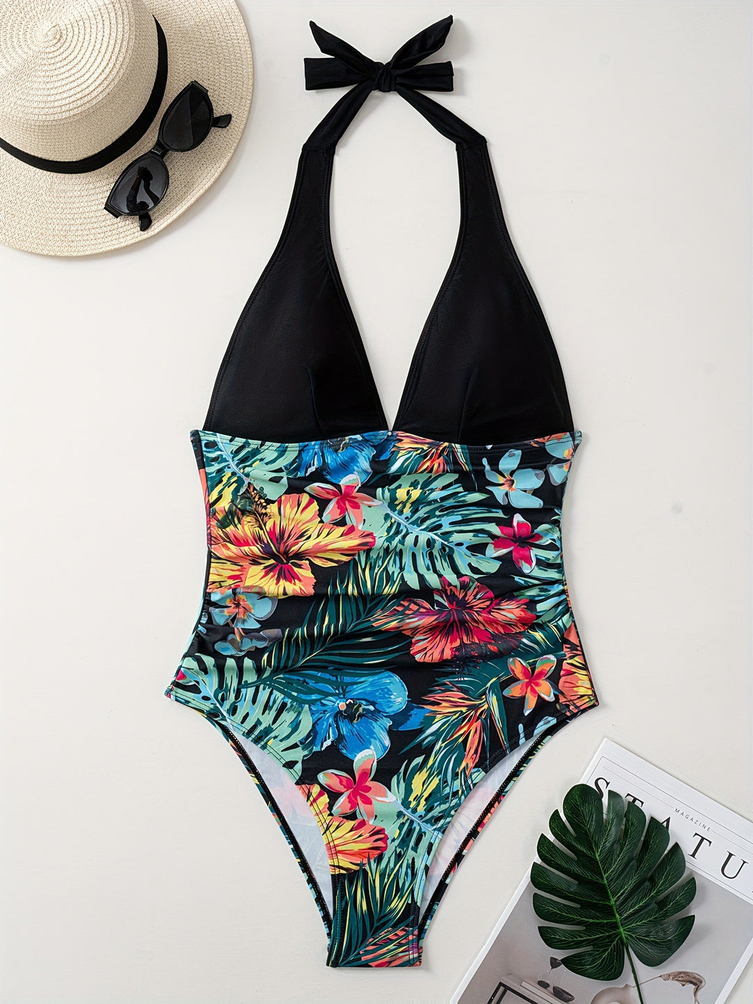 Damen Eleganter Hoch geschnittener Badeanzug mit floralem Design EB