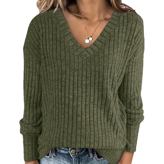 Damen V-Ausschnitt Pullover mit Rippstruktur EB
