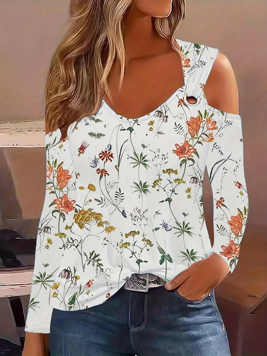 Damen Elegantes Langarmshirt mit kühlem Schulterdesign und floralem Druck EB