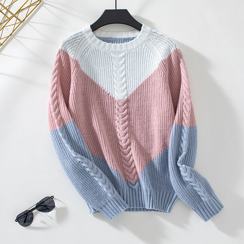 Damen modischer Strickpullover mit geometrischem Muster und Zopfrippen EB