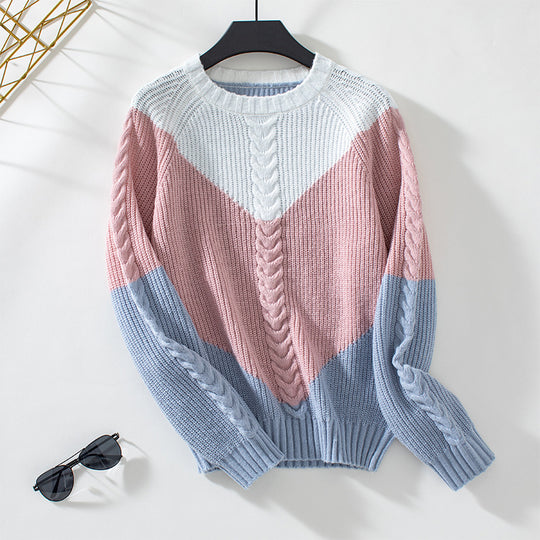 Damen modischer Strickpullover mit geometrischem Muster und Zopfrippen EB