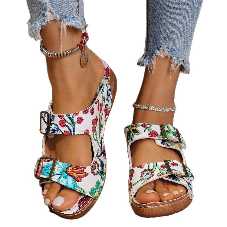 Damen komfortable Sandalen mit floralem Print und verstellbaren Riemen EB
