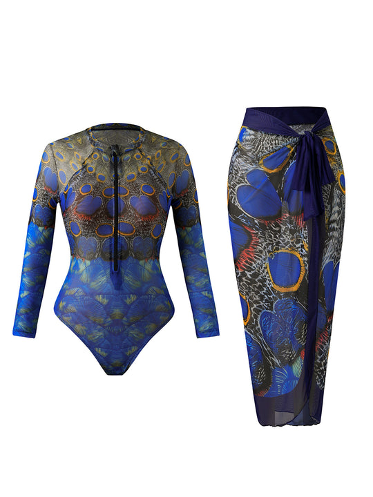 Damen Eleganter Badeanzug mit langem Arm und transparente Wickelrock EB