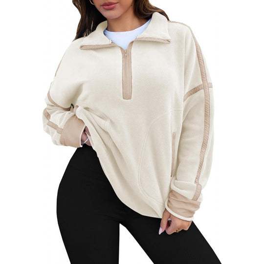 Damen Fleecpullover mit halbem Reißverschluss und kontrastierenden Ärmeln EB