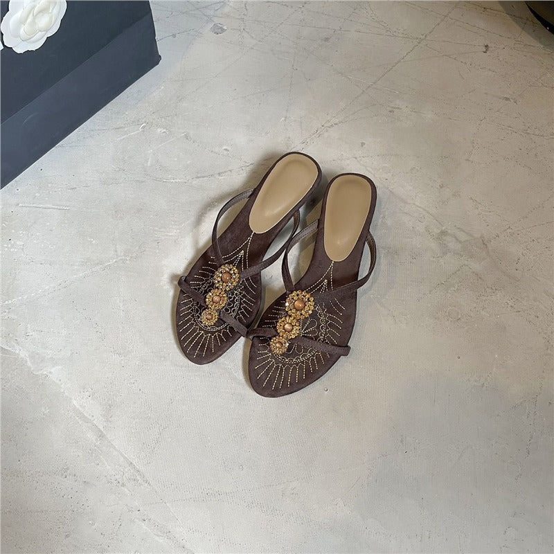 Damen elegante Slingback Sandalen mit funkelnder Perlenverzierung EB