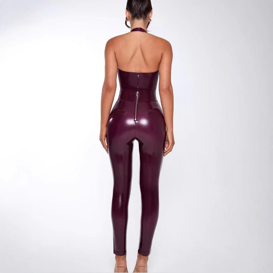 Damen Figurumspielender Jumpsuit mit tiefem V-Ausschnitt und glänzender Oberfläche EB