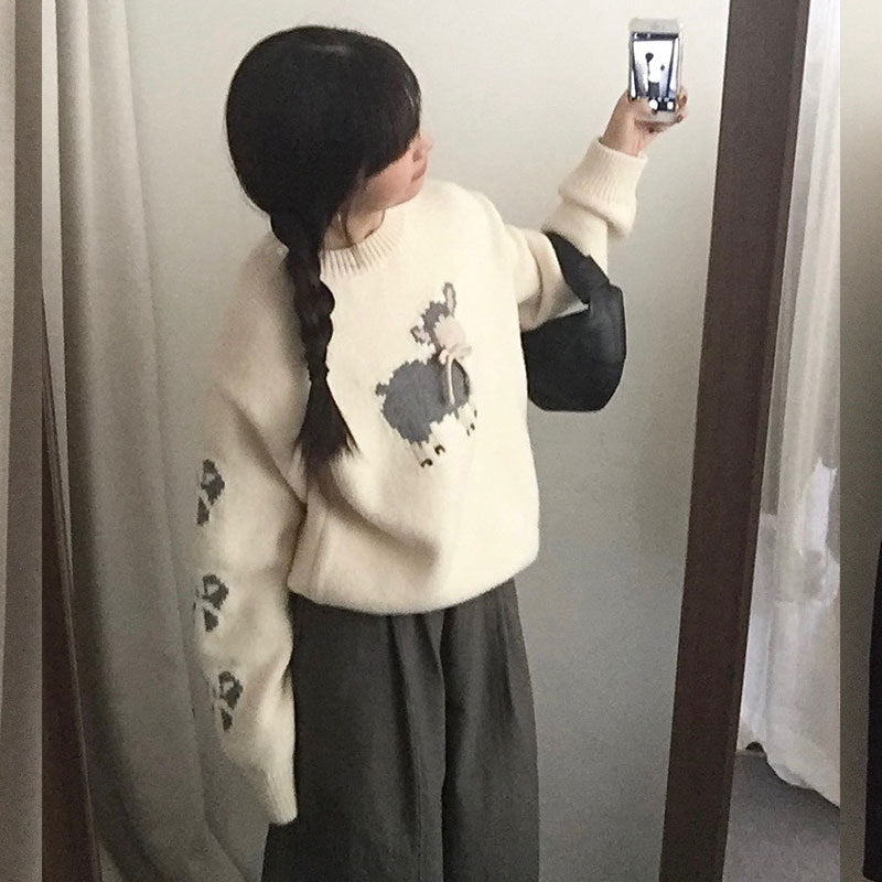 Damen kuscheliger Strickpullover mit aufwendigem Tiermotiv EB
