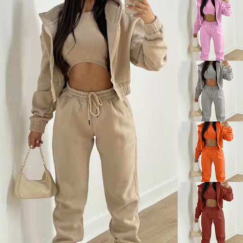 Damen stylischer Sportanzug mit lässiger Kapuzenjacke und elastischen Bundelementen EB