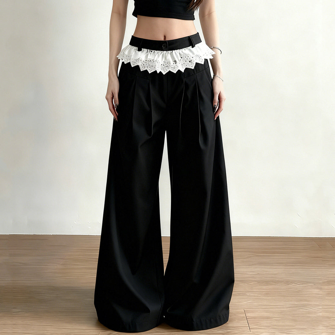 Damen Elegante weite High-Waist-Hose mit Spitzenbesatz EB