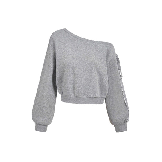 Damen Kurzgeschnittenes One-Shoulder Sweatshirt mit Ballonärmeln und Schnürdetail EB