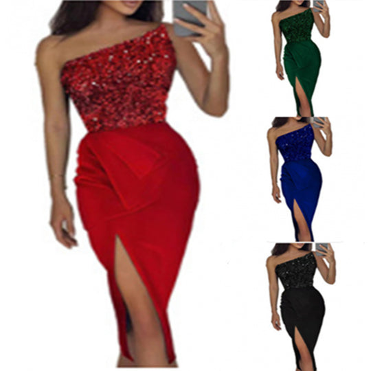 Damen Glamouröses Abendkleid mit asymmetrischem Ausschnitt und schimmerndem Oberteil EB