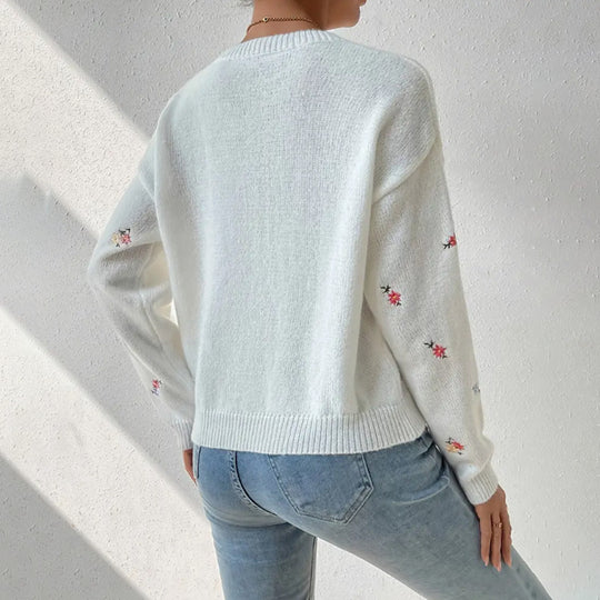 Damen kuscheliger Strickpullover mit floralem Motiv EB