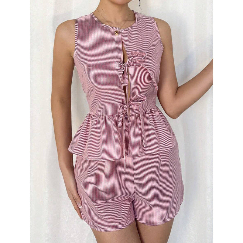 Damen Sommerliches Zweiteiliges Set mit Rüschendetails und verziertem Oberteil EB