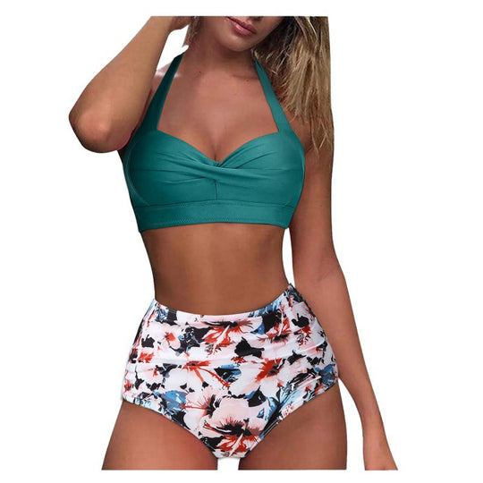 Damen Hochtaillierter Karobikini mit gerafftem Oberteil EB