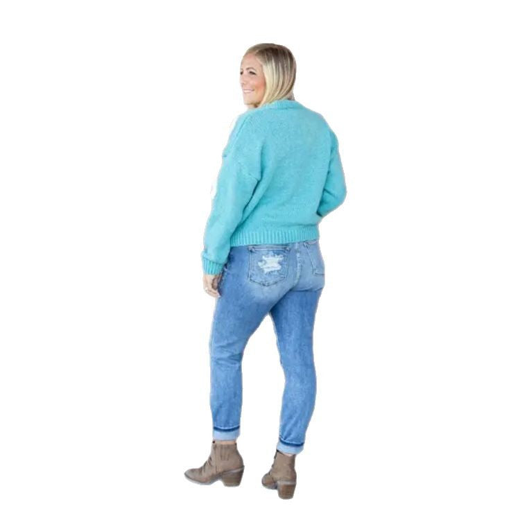 Damen Vintage Destroyed Jeans im entspannten Schnitt mit hohem Bund EB