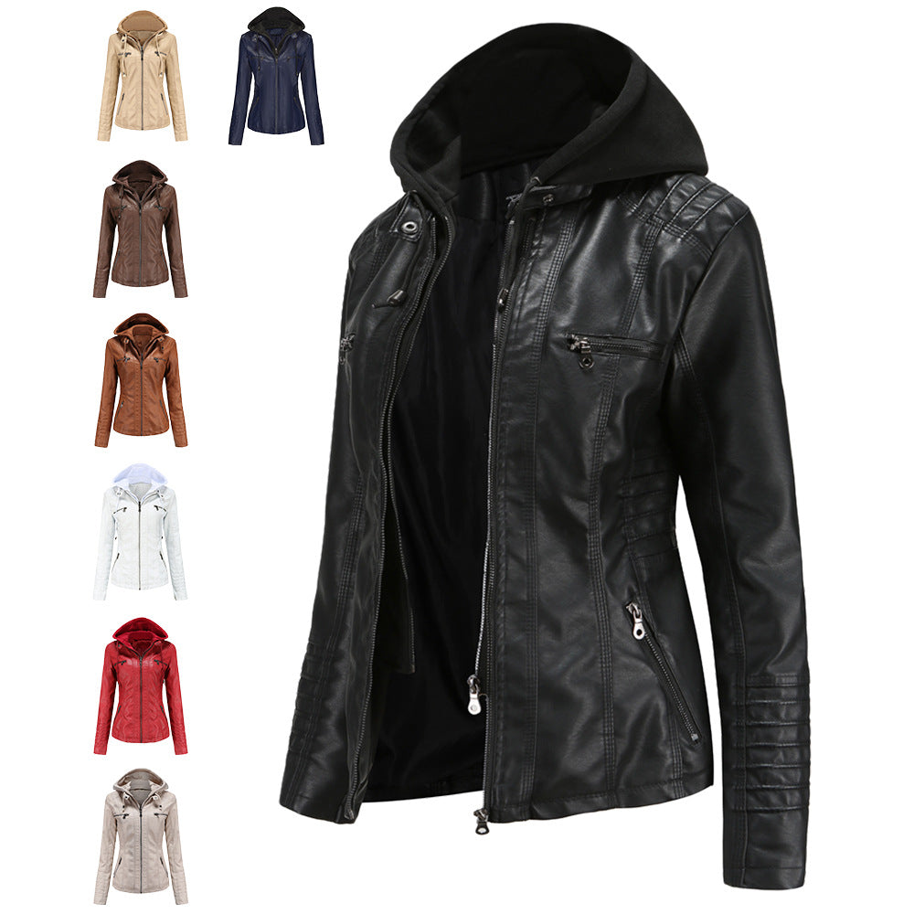Damen nan taillierte Kunstlederjacke mit Kapuze, gesteppter Armblende und verdeckten Reißverschlusstaschen EB