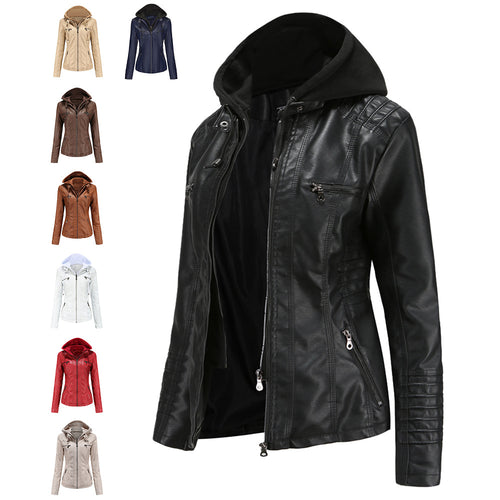 Damen nan taillierte Kunstlederjacke mit Kapuze, gesteppter Armblende und verdeckten Reißverschlusstaschen EB