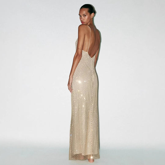 Damen Elegantes Maxikleid mit raffinierten Netzdetails und schmalen Spaghettiträgern EB