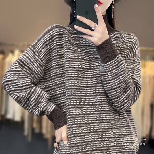 Damen Strickpullover mit modernem Streifenmuster und bequemen Daumenlöchern EB