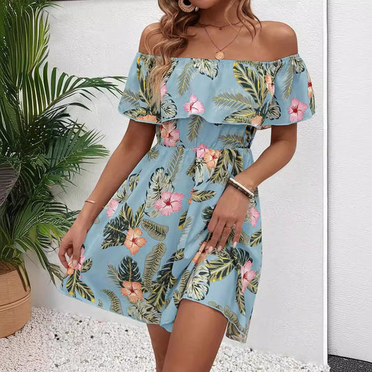 Damen Off-Shoulder Kleid mit floralem Muster und elastischem Taillenzug EB