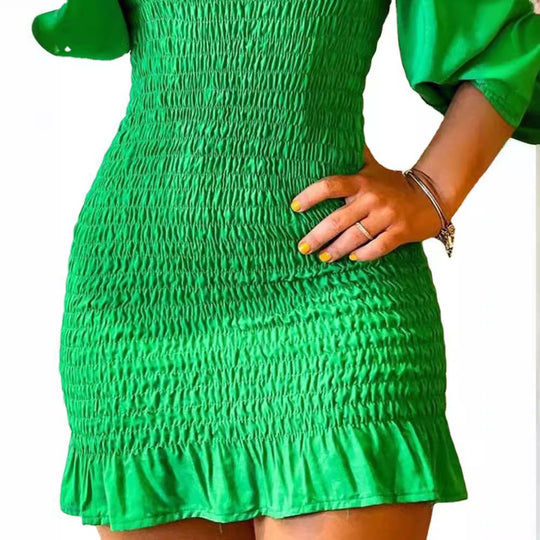 Damen Kurzarm Kleid mit Off-Shoulder Schnitt und Rüschenakzenten EB
