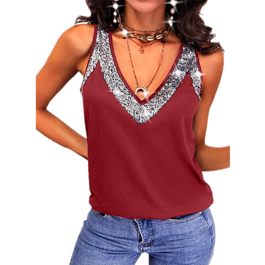 Damen Elegantes V-Ausschnitt Top mit dekorativem Spitzenbesatz EB