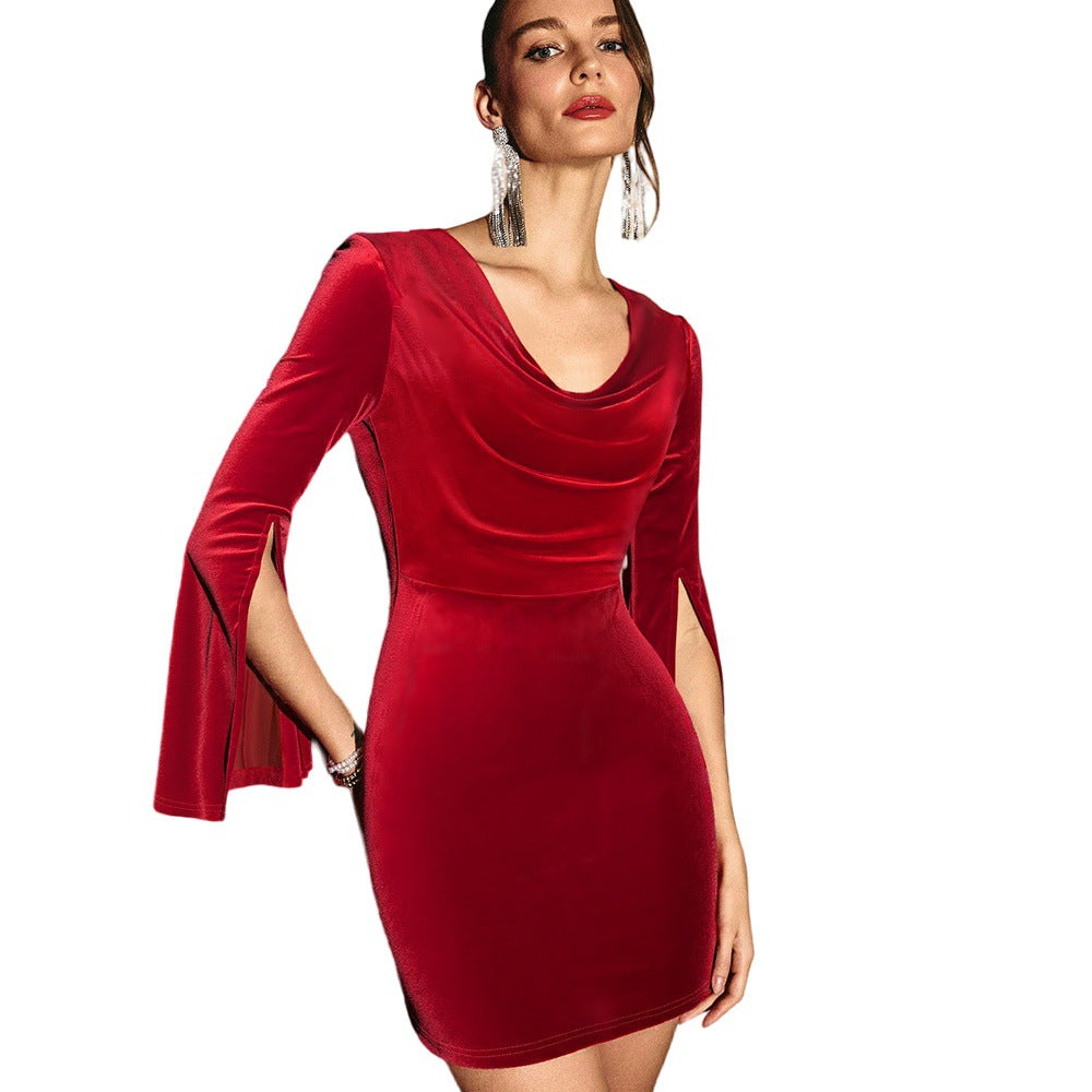 Damen Samt-Minikleid mit Cowl-Ausschnitt, taillierter Bodycon-Silhouette und geschlitzten Glockenärmeln Eichborn Berlin